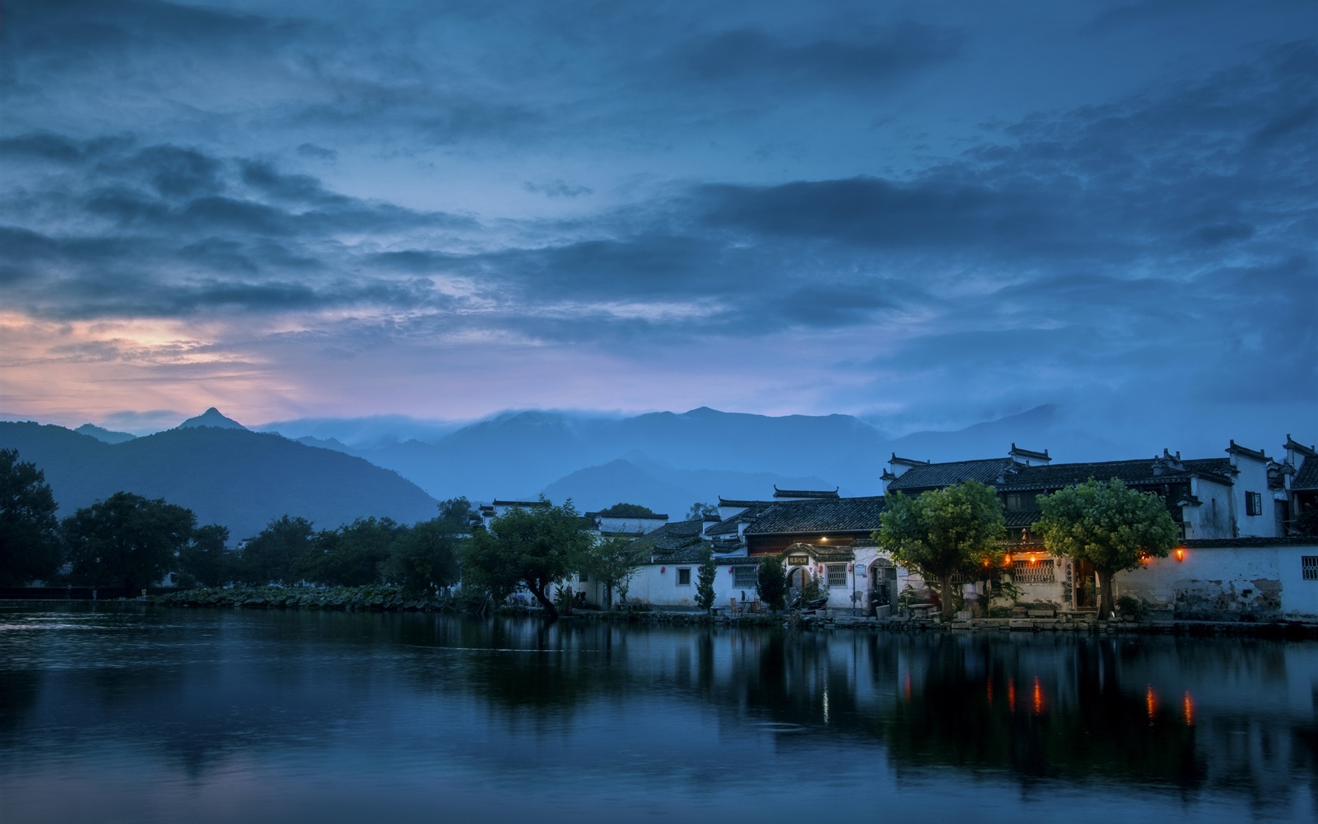 黃昏，傍晚，河流，房屋，宏村，村莊